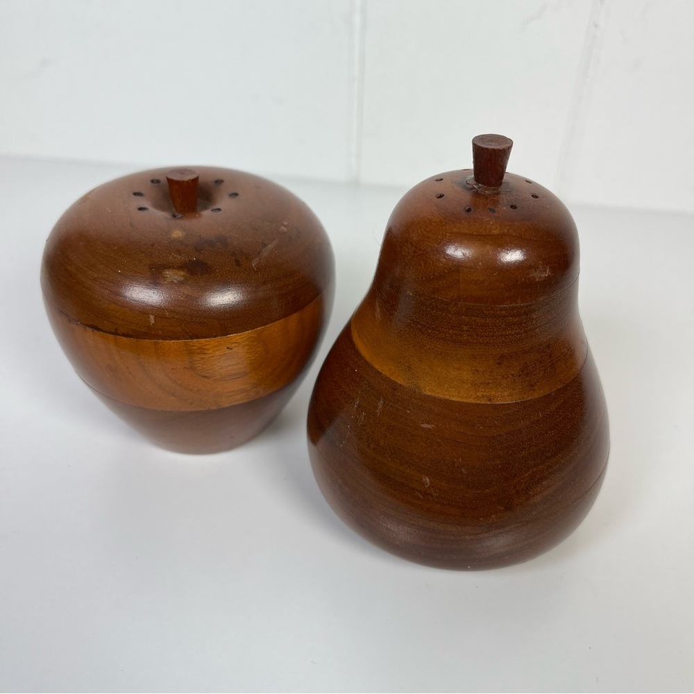 Vintage MCM Wooden Apple and Pear Fruit Salt and Pepper Shaker Set